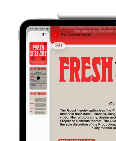 iPad, landscape orientation, Apple Pencil magnetically attached to top of iPad, top left of screen only showing PDF in Preview app