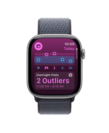 Apple Watch Series 11, цвят астро сиво, алуминиев корпус, приложение Жизнени показатели, диаграма със здравни показатели, известяване за отклонения при жизнените показатели през нощта, дясна външна част, Digital Crown, Sport Loop, тъмносив цвят