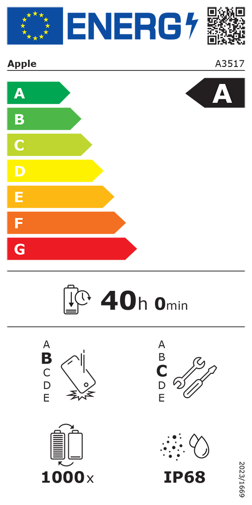 QR kód a informace na energetickém štítku EU, model Apple A3517, třída A, třídy energetické účinnosti (se stupnicí od A do G), A (nejvyšší účinnost) až G (nejnižší účinnost), výdrž baterie na jeden cyklus, 40 hodin a 0 minut na plné nabití baterie, třída spolehlivosti při opakovaném volném pádu B, A (nejvyšší odolnost) až E (nejnižší odolnost), třída opravitelnosti C, A (nejlepší opravitelnost) až E (nejhorší opravitelnost), životnost baterie 1000 cyklů, stupeň ochrany proti vniknutí prachu a vody (IP) IP68, nařízení 2023/1669