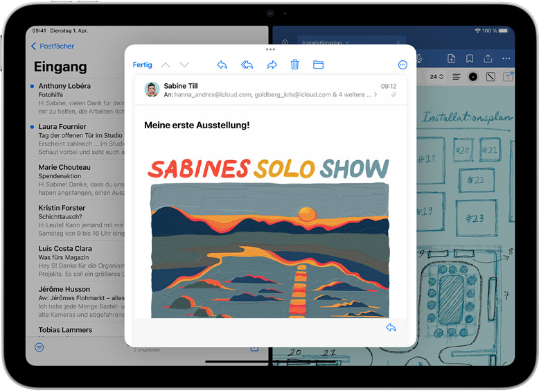 Mail und GoodNotes sind nebeneinander auf dem iPad geöffnet. Eine E-Mail Nachricht ist in einem separaten Fenster geöffnet.