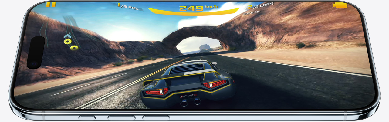 iPhone Air, front exterior, side exterior, showing a static from a game, buttons: Action, volume