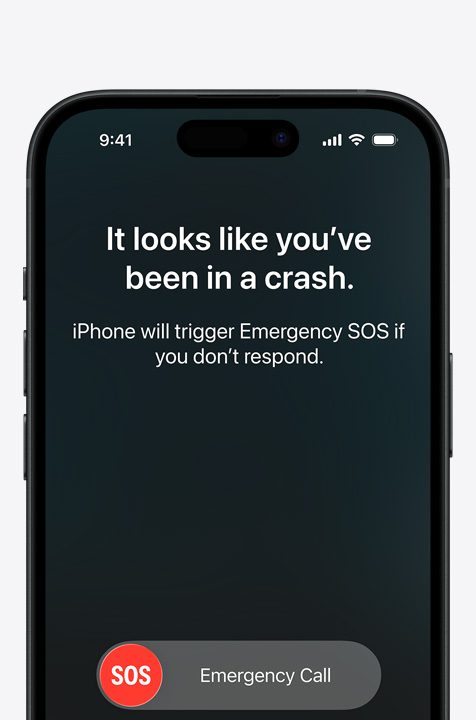 Kõrvuti, iPhone'i ekraan, kus on kuvatud Messages, Find My, maanteeabi, mis on saadaval satelliidi kaudu, iPhone'i ekraan, kus on kuvatud kasutuses SOS-funktsioon, iPhone'i ekraan, kus on kuvatud kasutuses maanteeabi funktsioon