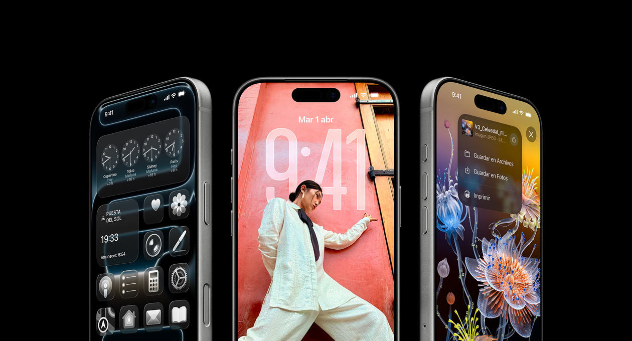 Tres modelos de iPhone 17 Pro, parte delantera, en paralelo, demostración de la app Reloj Mundial, pantalla de bloqueo en iOS 26, opciones para guardar en la app Notas