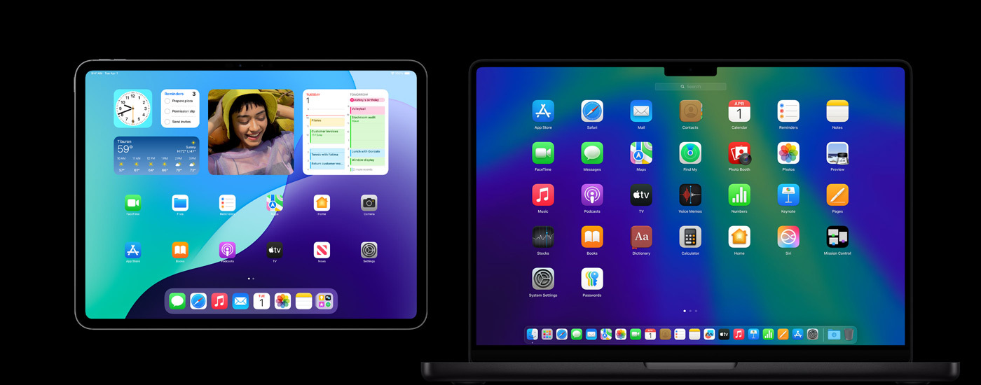 Een iPad en een Mac met meerdere appsymbolen. Op de iPad worden verschillende widgets weergegeven, waaronder die van Agenda, Weer en Foto’s.