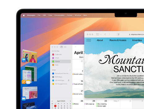 Meerdere vensters en apps op een scherm, waaronder Keynote, Pages, Mail en een website over een serene vakantiebestemming.
