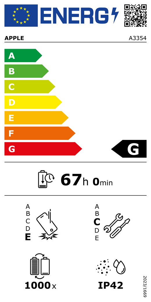 EU-Energielabel, QR Code und Informationen, Apple Modell A3354, Klasse G, Energieeffizienzklassen (auf einer Skala von A bis G), A (am effizientesten) bis G (am wenigsten effizient), Batterielaufzeit pro Zyklus, 67 Stunden und 0 Minuten pro voller Batterieladung, Sturzfestigkeit Klasse E für wiederholten freien Sturz, A (am robustesten) bis E (am wenigsten robust), Reparierbarkeit der Klasse C, A (am besten reparierbar) bis E (am wenigsten reparierbar), Batteriehaltbarkeit 1.000 Ladezyklen, Schutzart gegen Eindringen von Staub und Wasser (IP) IP42, Verordnung 2023/1669