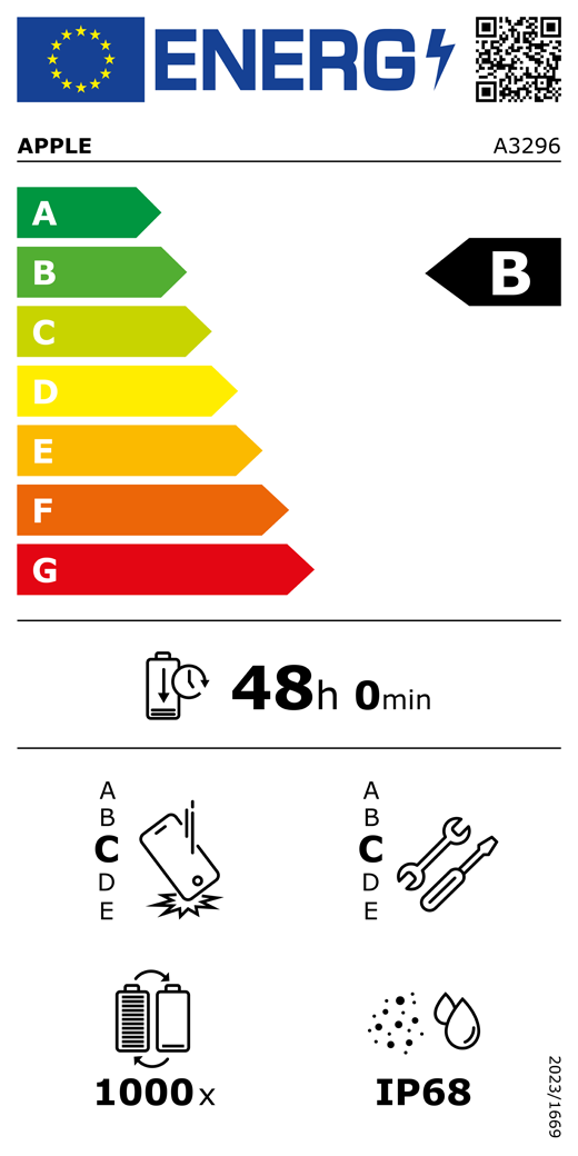 EU-energimærke, QR-kode og information, Apple-model A3296, klasse B, energieffektivitetsklasser (med en skala fra A til G), A (mest effektiv) til G (mindst effektiv), batteriholdbarhed pr. cyklus: 48 timer og 0 minutter pr. fuld batteriopladning, klasse C for holdbarhed ved gentagne frie fald, A (mest robust) til E (mindst robust), klasse C for reparerbarhed, A (mest reparerbar) til E (mindst reparerbar), batteriholdbarhed på 1000 cyklusser, IP-klassificering for støv- og vandbeskyttelse: IP68, forordning 2023/1669.