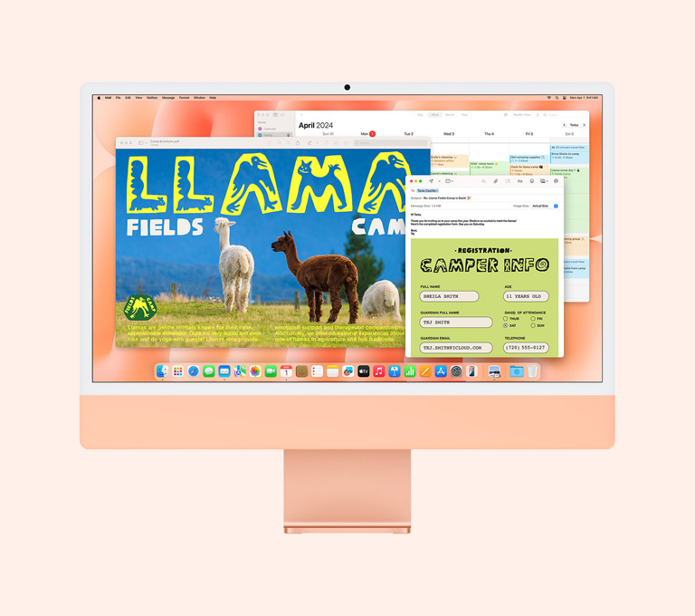iMac in Orange: Auf dem Display werden die gerade verwendeten Apps Vorschau, Mail und Kalender gezeigt.