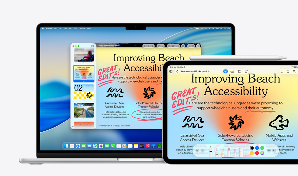 Più dispositivi Apple con la stessa immagine, un Apple Pencil è stata usata per annotare l’immagine su un iPad, le modifiche compaiono anche sugli altri dispositivi