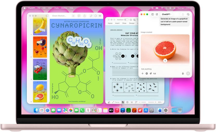 MacBook Neo i farven rouge, ChatGPT bruges til at generere et billede af en grapefrugt, de øvrige vinduer indeholder et Keynote-dokument med titlen molekyleplakater med billeder af frugter og grøntsager og tilhørende molekylære forbindelser samt et relateret Microsoft Word-dokument