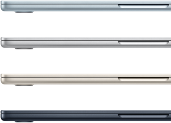 Πλάγιες εξωτερικές όψεις από τέσσερα laptop MacBook Air, οι οποίες παρουσιάζουν τέσσερα διαφορετικά φινιρίσματα