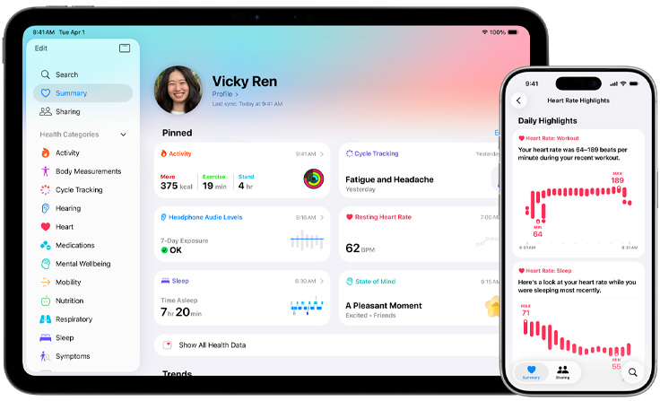 健康 app 顯示健康資料摘要，當中包括健身記錄、經期追蹤、耳筒音訊水平、靜止心率、睡眠及心理狀態