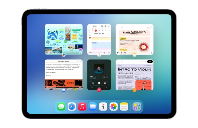 iPad, fekvő tájolás, több app látható a képernyőn, például a Naptár és a Zene app hat ablakban, két sorban, így egyformán látsszanak