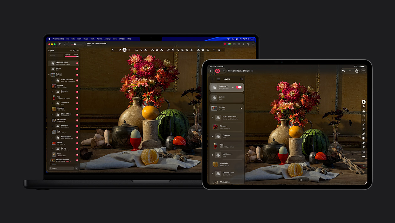 Layar MacBook Pro 16 dan iPad Pro 13, Pixelmator Pro, lukisan alam flora dan fauna, toolkit lapisan di sebelah kiri