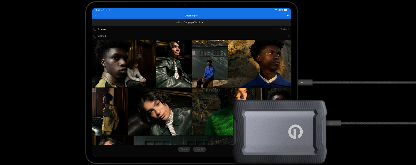 iPad Proの前面の外観、横向き、カラーはスペースブラック。ケーブルでUSB-Cの外部ハードドライブに接続されている。ディスプレイには「キャンペーン撮影」というフォルダに読み込まれたモデルの写真が表示されている