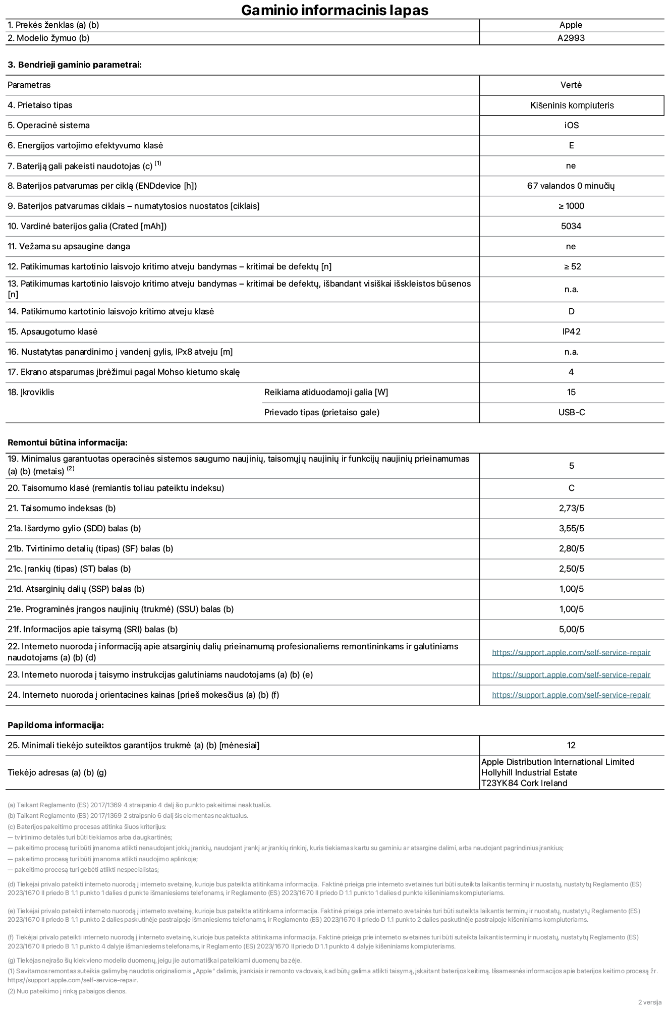 Gaminio informacinis lapas, „iPad mini Wi-Fi“, modelis A2993. Pateikė „Apple Distribution International Ltd“, „Hollyhill Industrial Estate“. Korkas, Airija T23 YK84. Prietaiso tipas: planšetinis kompiuteris. Operacinė sistema: „iOS“. Energijos vartojimo efektyvumo klasė: E. Bateriją gali pakeisti naudotojas: ne. Baterijos patvarumas: 67 valandos. Baterijos patvarumas ciklais: didesnis arba lygus 1 000. Vardinė baterijos galia: 5&nbsp;034&nbsp;mAh. Patikimumo testas kartotinio laisvojo kritimo atveju&nbsp;– kritimai be defektų: didesnis arba lygus 52. Patikimumo kartotinio laisvojo kritimo atveju klasė: D. Apsaugotumo klasė: IP42. Ekrano atsparumas įbrėžimui pagal Mohso kietumo skalę: 4. Įkroviklio reikiama atiduodamoji galia: 15&nbsp;W. Įkroviklio prievado tipas: USB-C. Minimalus garantuotas operacinės sistemos saugumo naujinių, taisomųjų naujinių ir funkcijų naujinių prieinamumas: 5&nbsp;metai. Taisomumo klasė: C. Taisomumo indeksas: 2,73/5. Išardymo gylio balas: 3,55/5. Tvirtinimo detalių balas: 2,80/5. Įrankių balas: 2,50/5. Atsarginių dalių balas: 1,00/5. Programinės įrangos naujinių balas: 1,00/5. Informacijos apie taisymą balas: 5,00/5. Interneto nuoroda į informaciją apie atsarginių dalių prieinamumą profesionaliems remontininkams ir galutiniams naudotojams: https://support.apple.com/self-service-repair. Interneto nuoroda į taisymo instrukcijas galutiniams naudotojams: https://support.apple.com/self-service-repair. Nuoroda į orientacines kainas prieš mokesčius: https://support.apple.com/self-service-repair. Siūloma 12 mėnesių bendroji garantija.