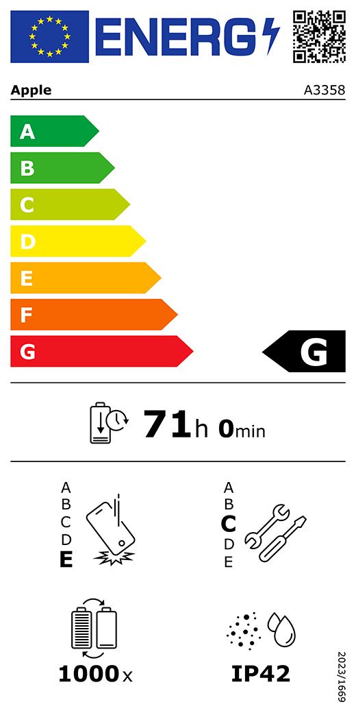 ES energomarķējuma QR kods un informācija, Apple modelis A3358, G klase, energoefektivitātes klases (sistēmā no A līdz G), no A (visefektīvākā) līdz G (visneefektīvākā), akumulatora izturība vienā ciklā, 71 stunda un 0 minūtes ar pilnībā uzlādētu akumulatoru, vairākkārtējas kritienizturības klase: E, no A (visizturīgākā) līdz E (visneizturīgākā), remontējamības klase: C, no A (visremontējamākā) līdz E (visneremontējamakā), akumulatora cikliskā izturība: 1000, korpusa aizsargātības pret putekļiem un ūdeni pakāpe (IP) IP42, Regula 2023/1669