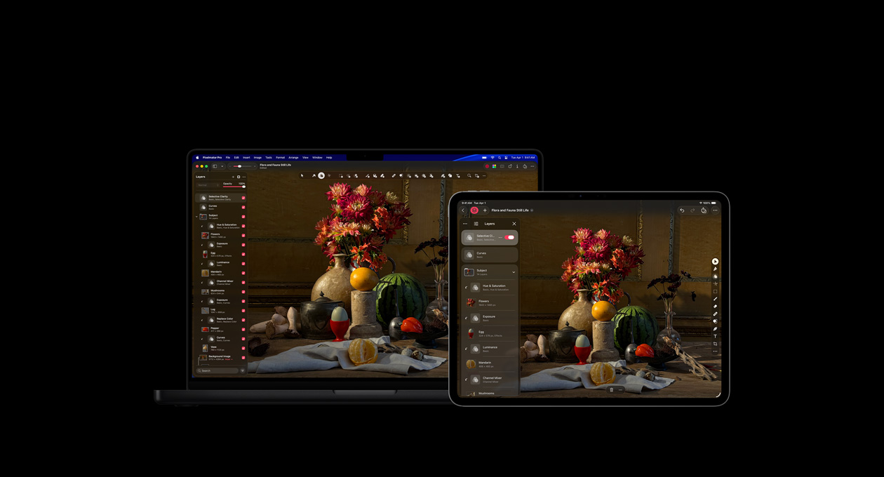 شاشة MacBook&nbsp;Pro مقاس 16&nbsp;إنش وشاشة iPad&nbsp;Pro مقاس 13&nbsp;إنش، تطبيق Pixelmator&nbsp;Pro، صورة طبيعة ثابتة لنباتات وحيوانات، مجموعة أدوات layers في الجانب الأيسر