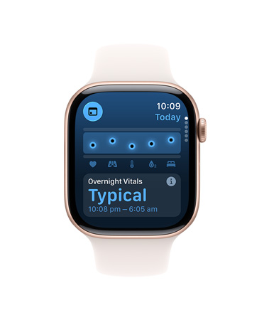Apple Watch Series 11, aluminium case, rose gold colour, Vitals app, chart scoring health, overnight vitals typical notification, right side exterior: Digital Crown, light blush Sport Band