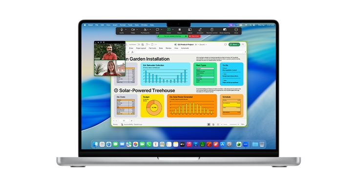 Ekran MacBooka Pro 14" z wieloma otwartymi oknami aplikacji na ekranie, w tym Microsoft Excel i Zoom.