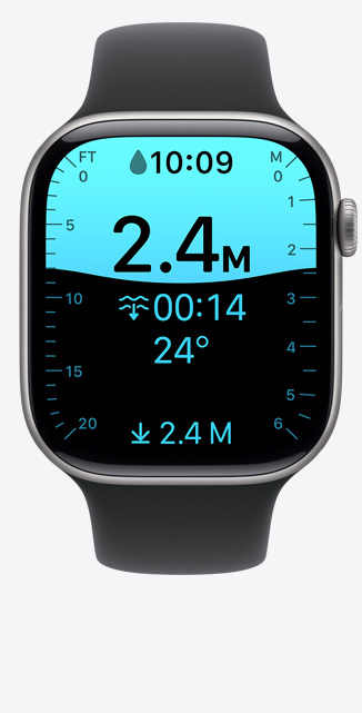 Apple Watch Series 11, aluminium case, space grey colour, Depth app screen, dive at 8 feet