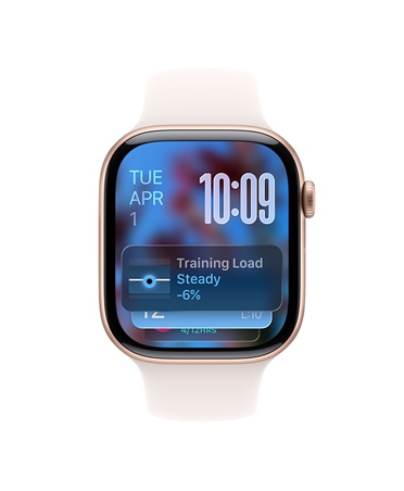 Apple Watch Series 11, hliníkový kryt vo farbe ružové zlato, odporúčania Dynamickej sady, ružovkastý športový remienok