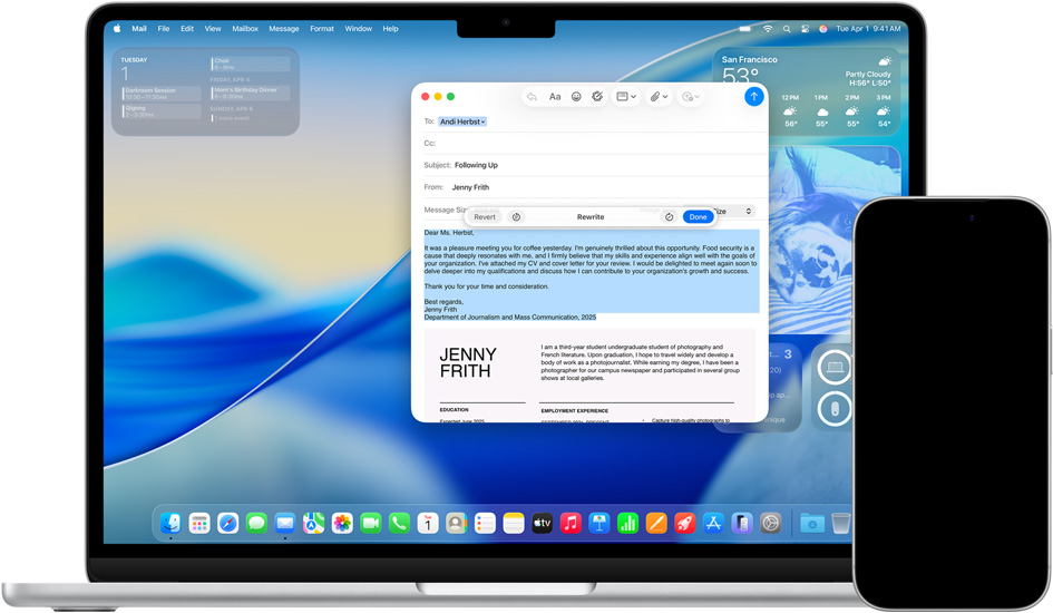 Mac showing Writing Tools and iPhone showing messages with Live Translation