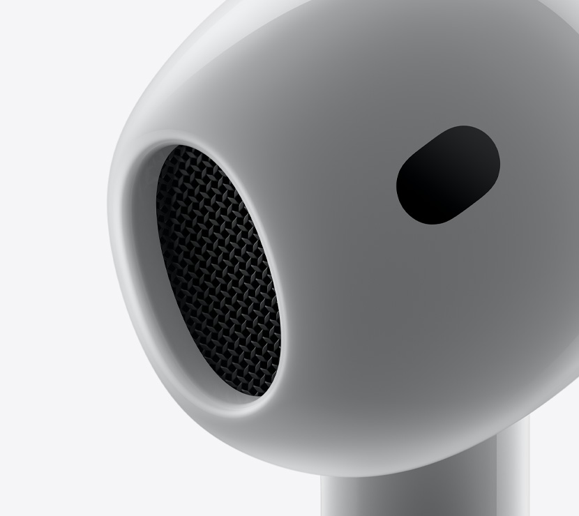 Κοντινό πλάνο του κωνικού κομματιού των AirPods 4 που μπαίνει στα αυτιά.