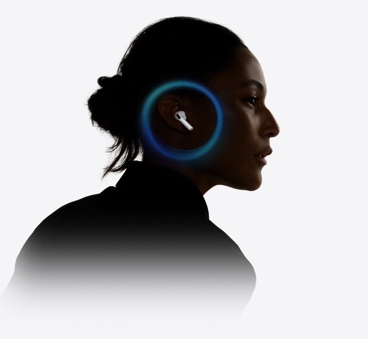 Osoba s nasadenými slúchadlami AirPods Pro 3 a zvukovými vlnami okolo ucha.