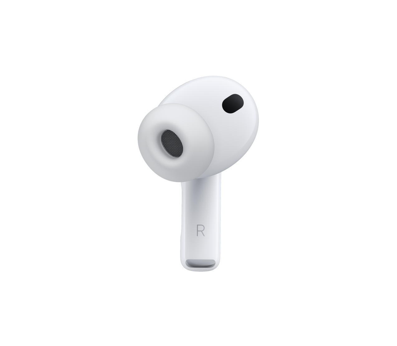 „AirPods Pro 3“, balta spalva, triukšmo slopinimo mikrofonas, silikoninis antgalis, trumpas kotelis su raide R