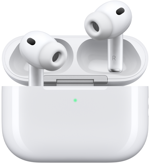 „AirPods Pro 3“ ir „MagSafe“ įkrovimo dėklas (USB‑C), užapvalinto dėklo išorė, šviesos diodo maitinimo indikatorius, dėklo dangtelis atidarytas, balta spalva, belaidės ausinės su silikoniniais antgaliais, kotelio vidinė pusė su raidėmis L ir R