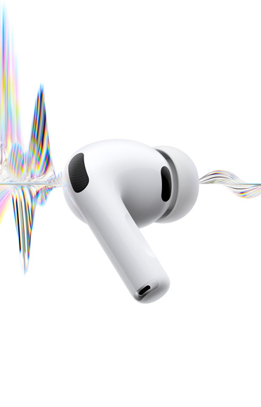 „AirPods Pro 3“, balta spalva, triukšmo slopinimo mikrofonas, silikoninis antgalis, trumpas kotelis