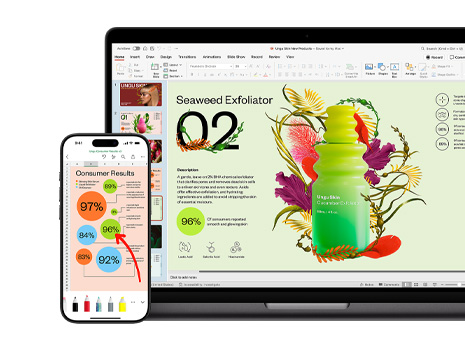Een Mac en iPhone met delen van een kleurrijke presentatie over een huidverzorgingsproduct.