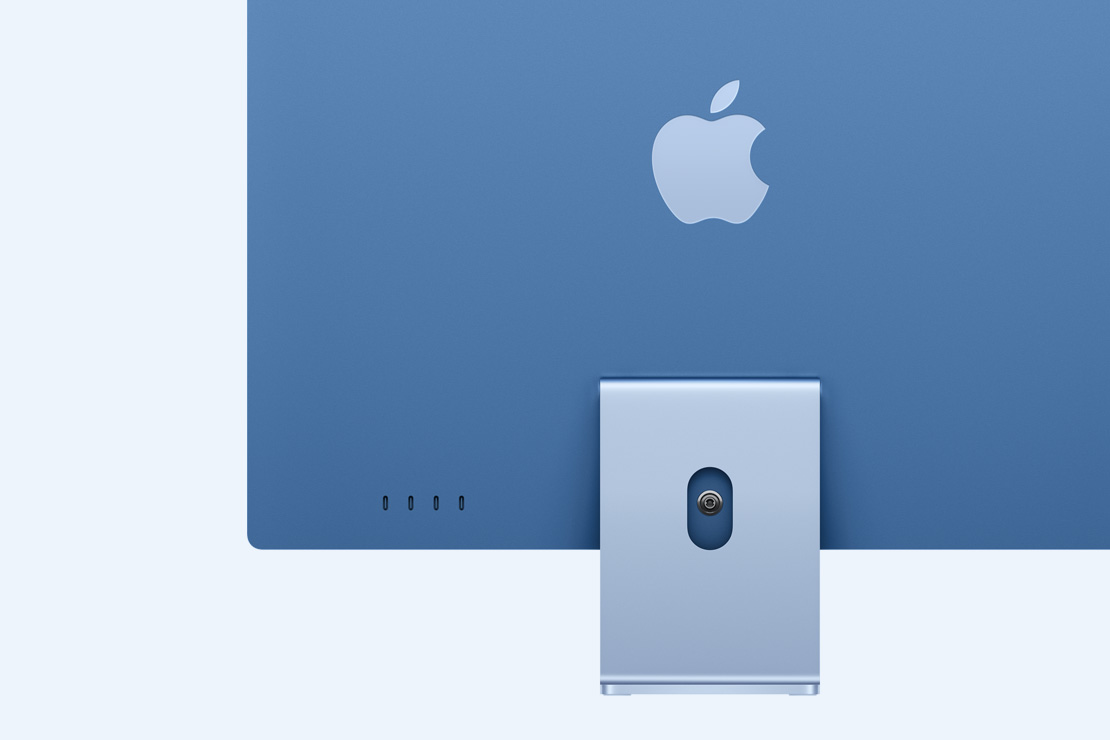 Rear view of a blue iMac, highlighting 4 USB-C ports