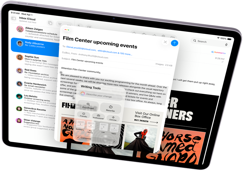 iPad Air fekvő nézetben, rajta az Apple Intelligence működés közben az Íráseszközökkel és a Maillel