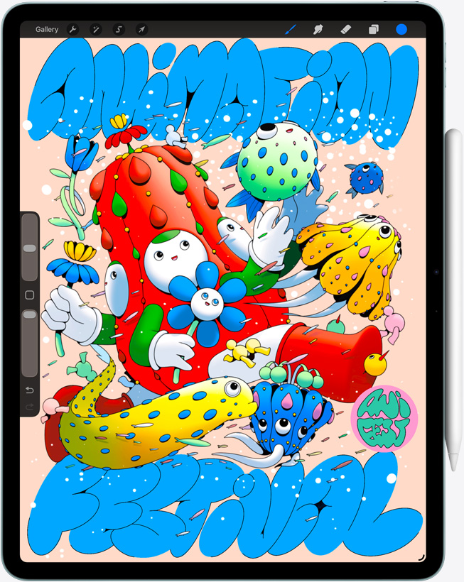 iPad Air elölnézetből, amelyen a Procreate app jelenik meg egy színes digitális alkotással, rajta különböző karakterek és tárgyak