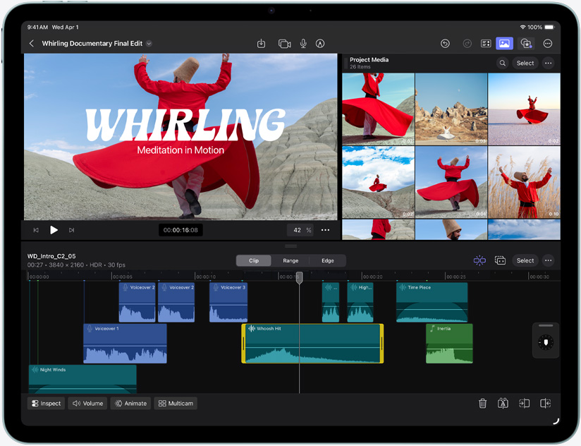 iPad Air elölnézetből, kijelzőjén videószerkesztés történik a Final Cut Próban