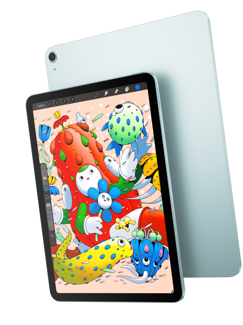 11 hüvelykes iPad Air szemből, a Procreate alkalmazással, átfedésben egy hátoldalát mutató kék iPad Airrel