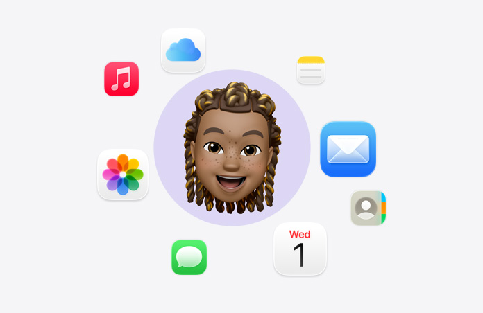 Emoji de visage souriant entouré de différentes icônes d’apps : Musique, iCloud Drive, Notes, Mail, Contacts, Calendrier, Messages et Photos