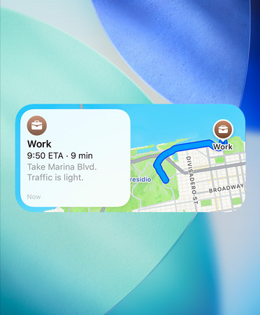 Le widget Plan montrant le nouveau planificateur d’itinéraires préférés, avec des détails sur le trafic, l’heure d’arrivée et la durée du trajet