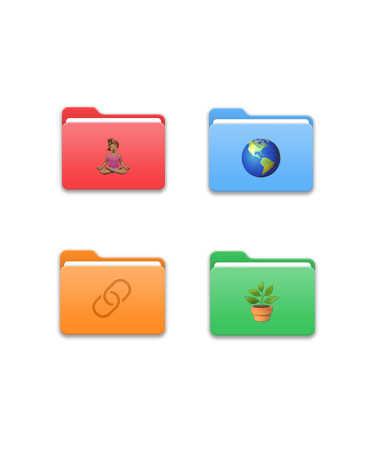 Quatre dossiers, deux par rangée, chacun d’une couleur différente, à savoir rouge, bleu clair, orange et vert, avec différentes icônes dessus comme une personne faisant du yoga, un globe, le symbole d’un lien URL et une plante.